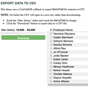Thumbnail for export_csv example. Image shows an interface for filtering data with a slider widget, and writing the results by clicking a button.