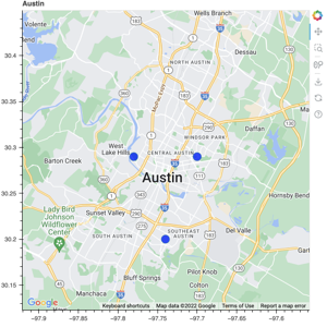 Thumbnail link to the examples/topics/geo/gmap.py example shows a grid of map plot centered at Austin, TX using Bokeh's Google maps integration.