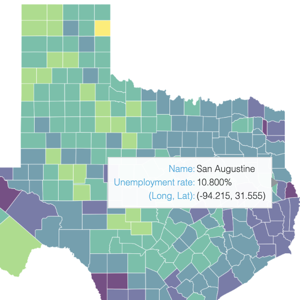 Thumbnail link to the examples/topics/geo/texas_hover_map.py example shows a color-mapped map plot based on Texas unemployment rate per county, colormapped using the Viridis palette.