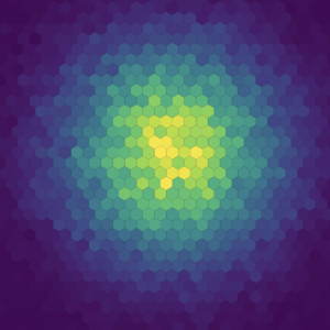 Thumbnail link to the examples/topics/hex/hex_tile.py example shows a hex tile plot of binned 2d random (Gaussian) data points, colormapped by density with the Viridis palette.
