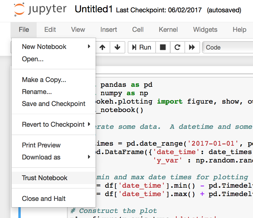 Screenshot of the Jupyter File menu expanded to show the Trust Notebook option.