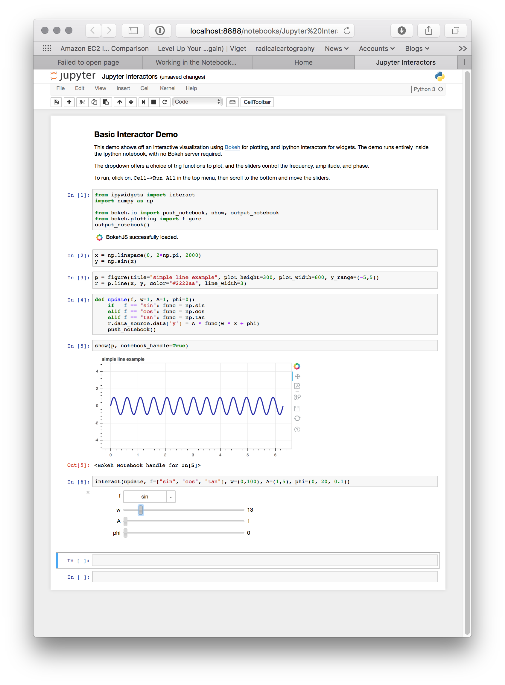 Screenshot of Jupyter showing a Bokeh plot together with ipywidget sliders.